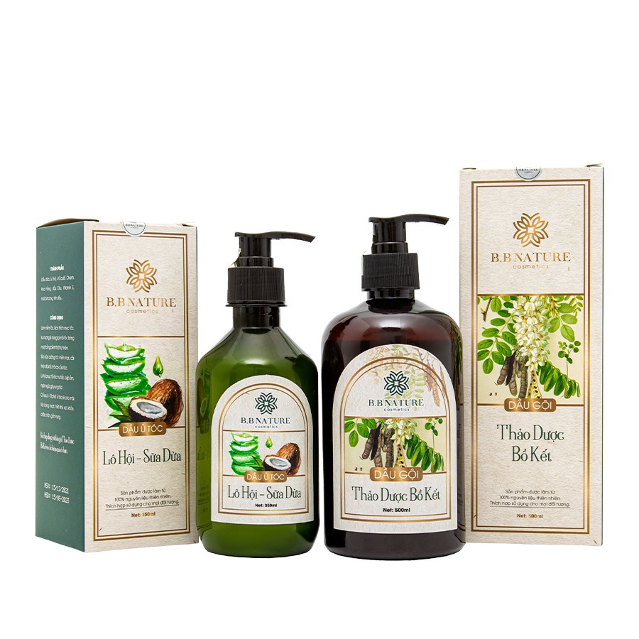 COMBO DẦU GỘI THẢO MỘC BỒ KẾT 500ML + DẦU Ủ LÔ HỘI SỮA DỪA 350ML - B.B NATURE