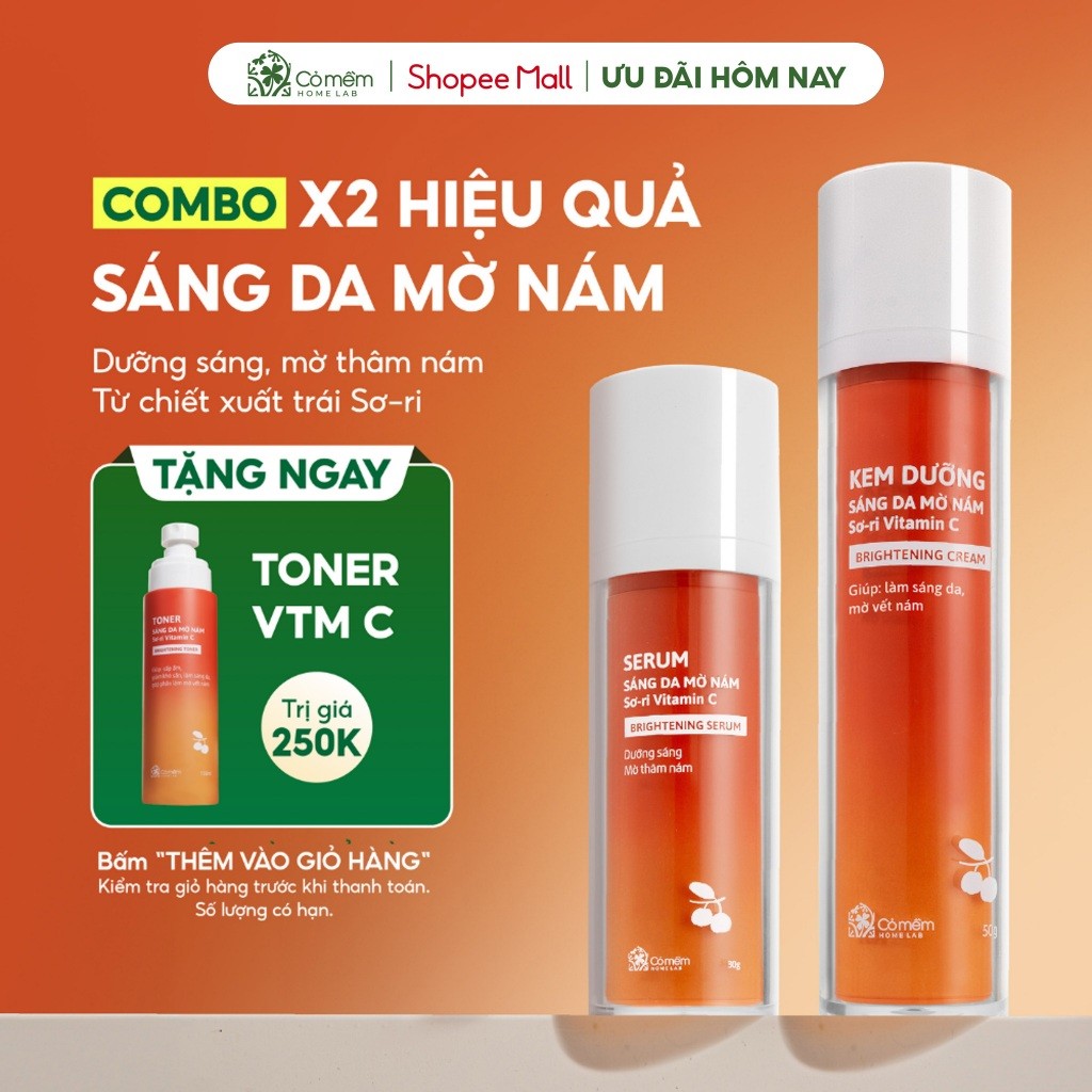 [MUA 2 TẶNG 1]Bộ đôi serum kem dưỡng Vitamin C dưỡng sáng da mờ thâm nám tàn nhang từ trái Sơ-ri Cỏ Mềm