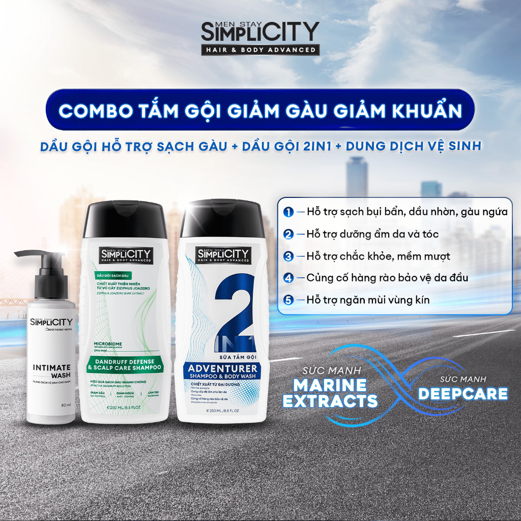 Combo Dầu gội sạch gàu 250ml, Dầu gội 2 trong 1 250ml & Dung dịch vệ sinh 80ml
